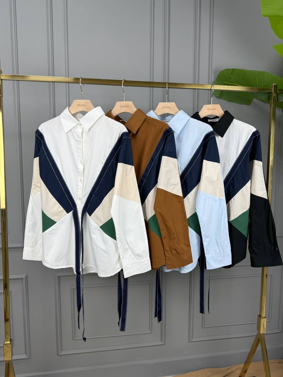 🌟 Модные рубашки с геометрическим дизайном.Уникальный дизайн с контрастными цветными блоками и завязками по низу.